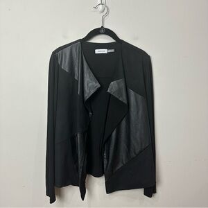 Calvin Klein Open Front Draped Faux Leather Suede Lightweight Jacket Black